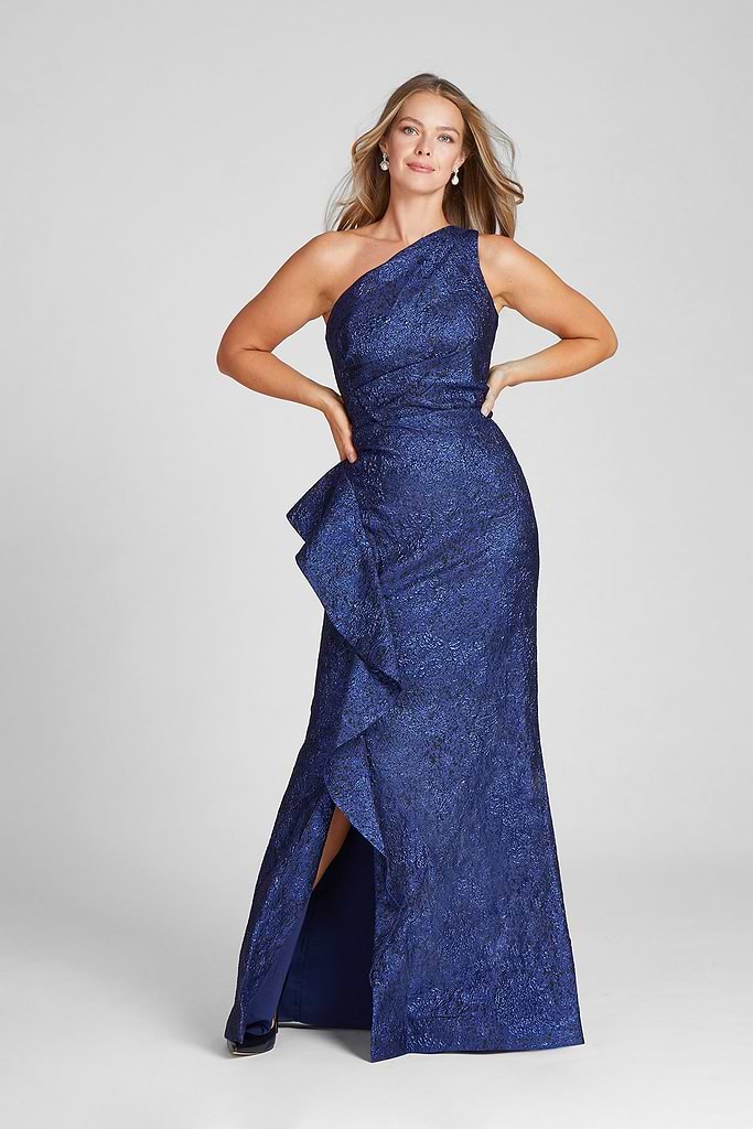 Teri Jon Metallic Jacquard One Shoulder Gown - Black Blue - 14 Teri Jon Metallic Jacquard One Shoulder Gown - Black Blue - 14
