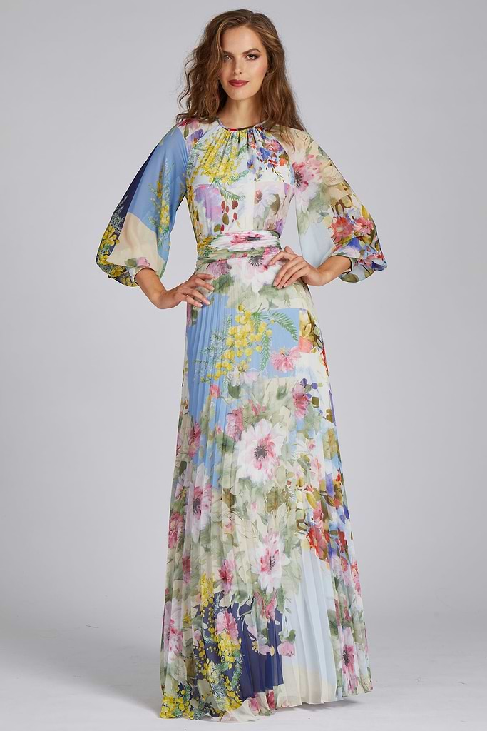 Teri Jon Patchwork Print Pleated Chiffon Maxi Gown Size 12 Teri Jon Patchwork Print Pleated Chiffon Maxi Gown Size 12