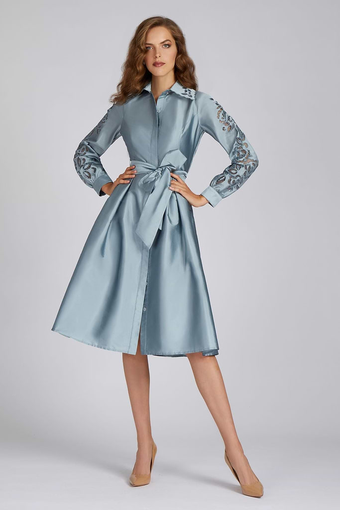Taffeta Eyelet Collar and Sleeve Shirt Dress Taffeta Eyelet Collar and Sleeve Shirt Dress