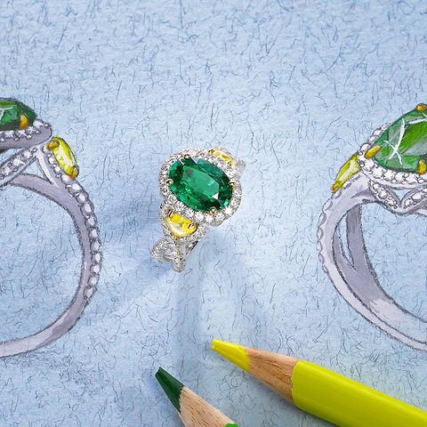 LEIBISH Emerald Oval and Yellow Heart Diamond Designer Ring