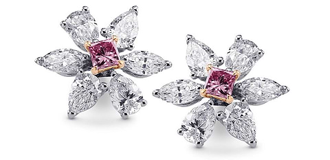 LEIBISH Extraordinary 2.22Ct TW fancy intense purplish pink and F+ colorless pears, floral designed diamond earrings