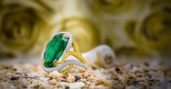 Emerald Pear & Yellow Diamond Designer Ring