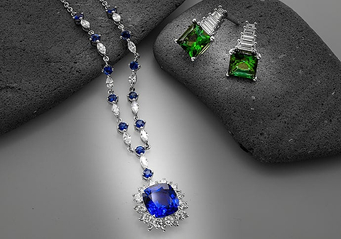 LEIBISH Anhänger mit leuchtend blauem Saphir und Ohrhänger mit grünem Turmalin und Diamanten