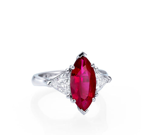 LEIBISH Pinkish Red Marquise shaped Ruby and trilliant cut diamond 3 stone Ring