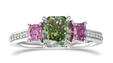 LEIBISH Exceptional Fancy Vivid Yellow Green Radiant 3 Stone stone Diamond Ring