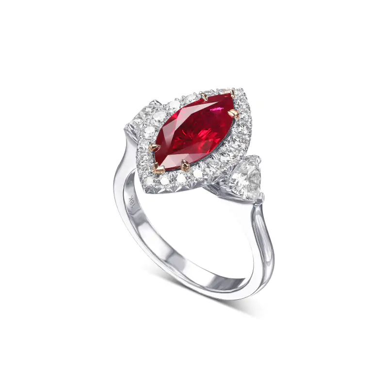 LEIBISH Burmese Marquise Ruby and Heart Diamond Three-Stone Halo Ring
