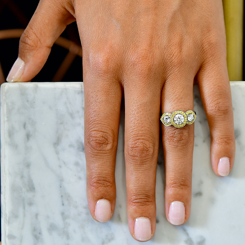LEIBISH 3 Stone Round White and Fancy Intense Yellow Diamond Halo Ring - Excellent Cut