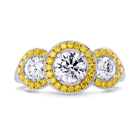 LEIBISH 3 Stone Round White and Fancy Intense Yellow Diamond Halo Ring - Excellent Cut