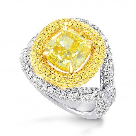 LEIBISH Fancy Vivid Yellow Cushion Diamond Halo Ring set in a platinum