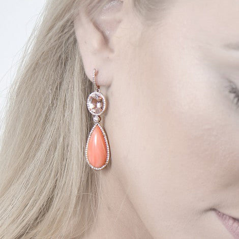 LEIBISH Pink Kunzite, Coral & Diamond Drop Earrings (23.06Ct TW)