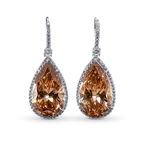 LEIBISH Extraordinary Fancy Deep Brown Yellow Pear Shape Halo Diamond Earrings - Excellent Symmetry
