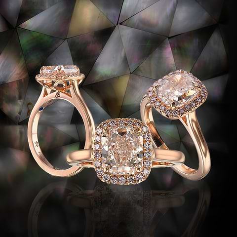 Very Light Pink Radiant Halo Diamond Ring