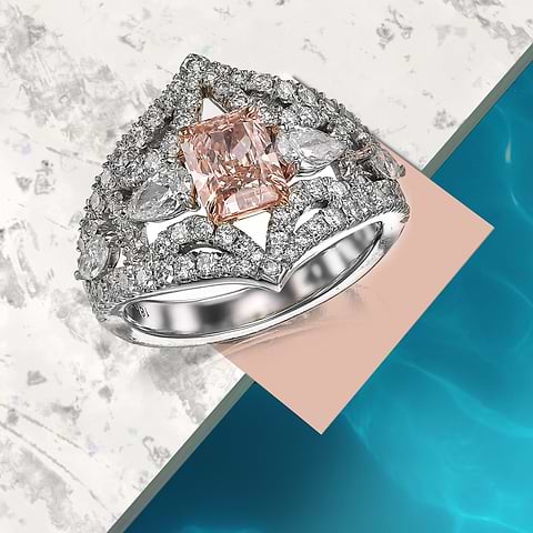 LEIBISH Extraordinary Fancy Light Pink Brown Radiant Diamond Side Stone Ring - Excellent Polish