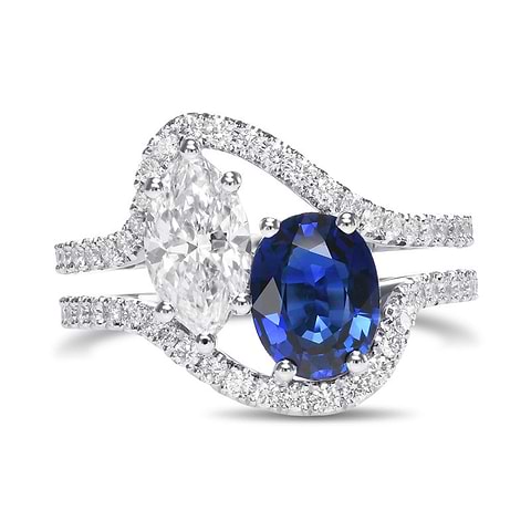 LEIBISH Ovaler Saphir- und Marquise-Diamantring mit zwei Steinen