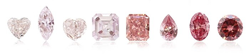Each different intensity grade of pink diamonds. From left to right: Faint Pink, Very Light Pink, Light Pink, Fancy Light Pink, Fancy Pink, Fancy Intense Pink, Fancy Vivid Pink, and Fancy Deep Pink