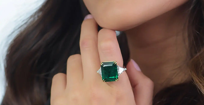 Vivid Green Octagon Emerald and Diamond 3 Stone Ring