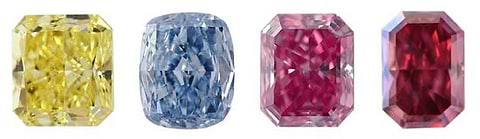 The most popular colored diamonds, Yellow, Blue, Pink, and Red