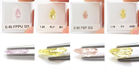 From left to right: a 0.45ct stone with a 28% depth, a 1.24ct stone with a 46% depth, 0.56ct stone with a 58% depth, and a 1.14ct stone with a  70% depth.