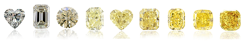 Yellow Colored Diamonds starting from Cape colors (4 stones on the left are from the U-V through X-Y-Z range) continuing to Fancy Light Yellow , Fancy Yellow, Fancy Intense Yellow, Fancy Vivid Yellow and Fancy Deep Yellow