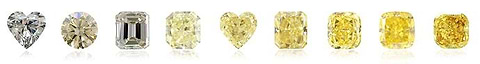 Yellow Colored Diamonds starting from Cape colors (4 stones on the left are from the U-V through X-Y-Z range) continuing to Fancy Light Yellow , Fancy Yellow, Fancy Intense Yellow, Fancy Vivid Yellow and Fancy Deep Yellow