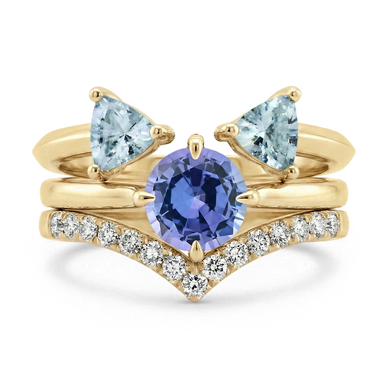 Violet Round Tanzanite, Aquamarine, and Diamond Trio Stack Rings