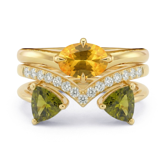 Yellow Oval Sapphire, Olive Green Trillion Tourmaline, and Diamond Trio Stack Rings