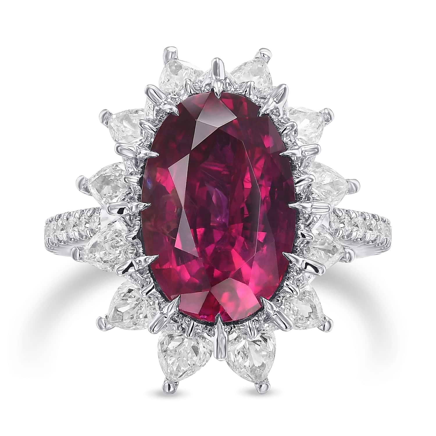 Extraordinary Oval Ruby and Diamond Halo Side-stone Ring AGL GRS