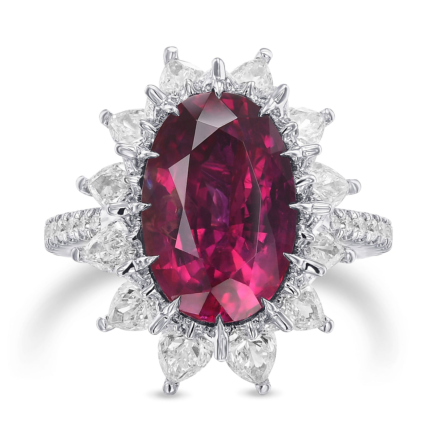 Extraordinary Oval Ruby and Diamond Halo Side-stone Ring AGL GRS