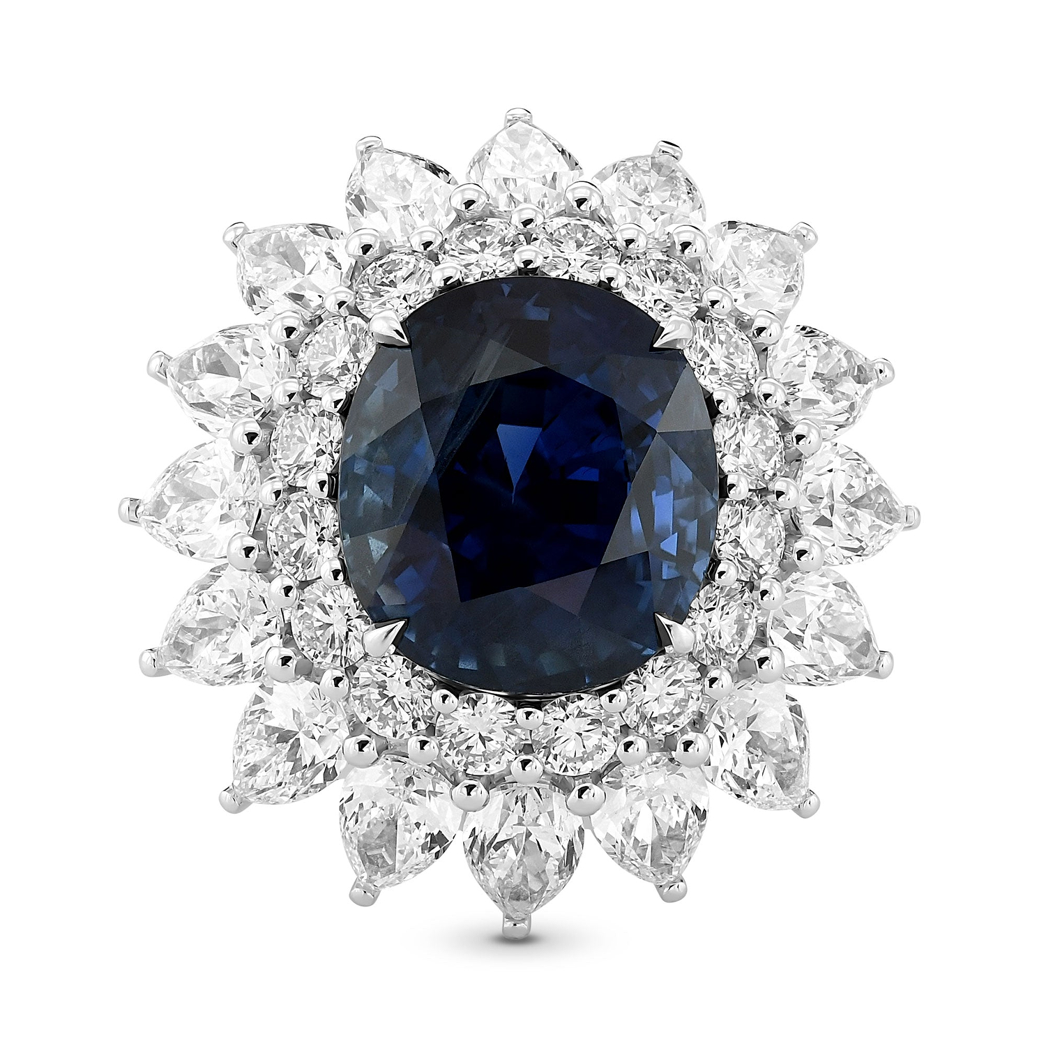 No Heat Burma Sapphire & Diamond Double Halo Ring GRS SSEF
