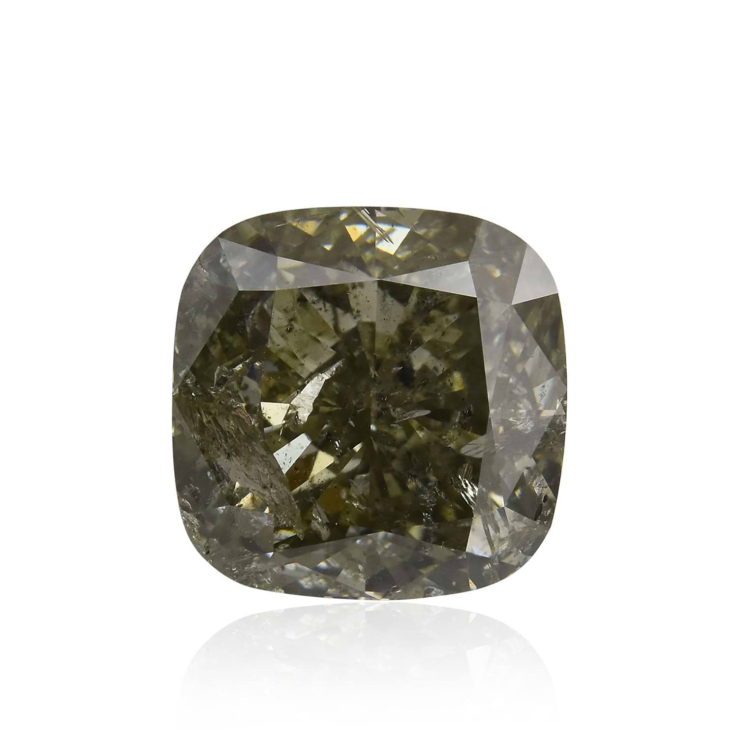 3.55 Carat Fancy Deep Gray Yellowish Green Cushion Diamond (I2) GIA