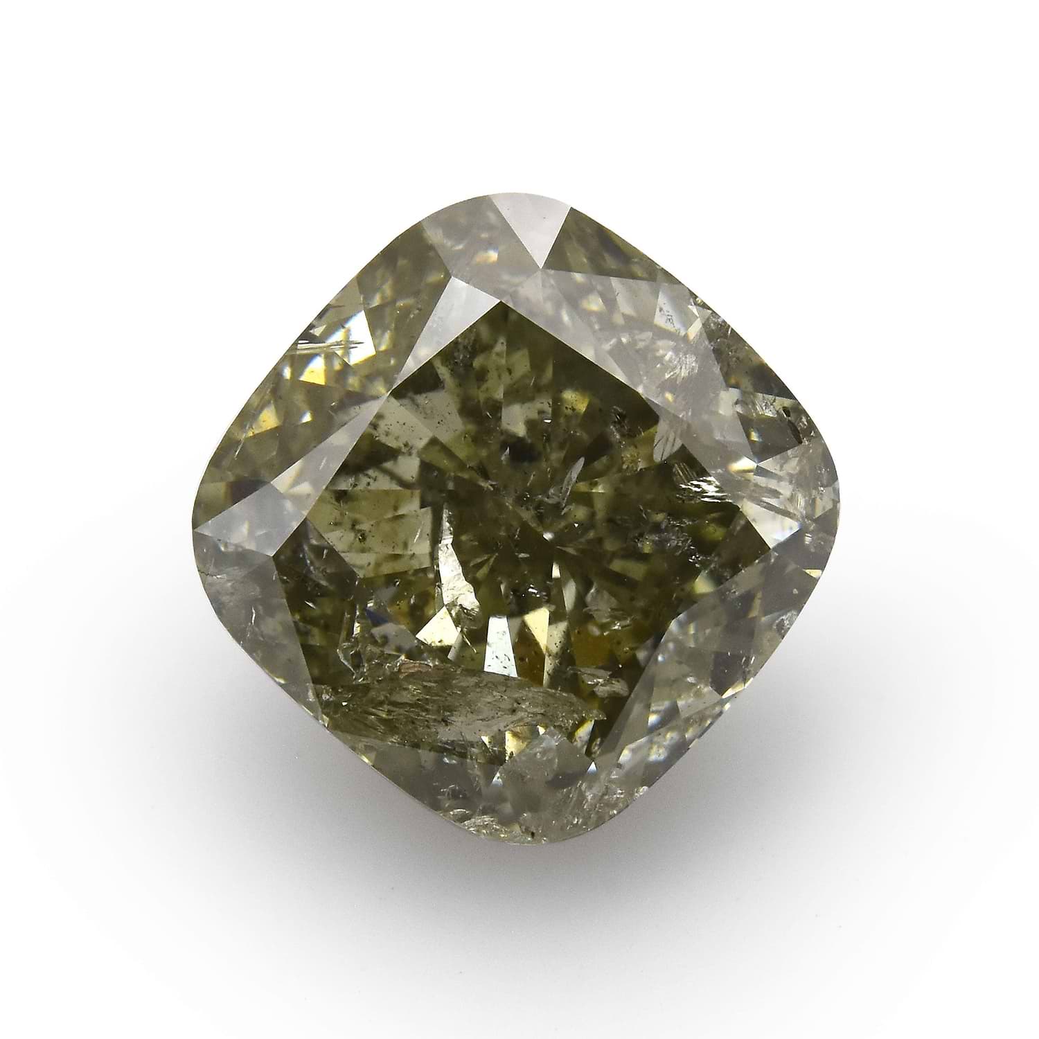 3.55 Carat Fancy Deep Gray Yellowish Green Cushion Diamond (I2) GIA