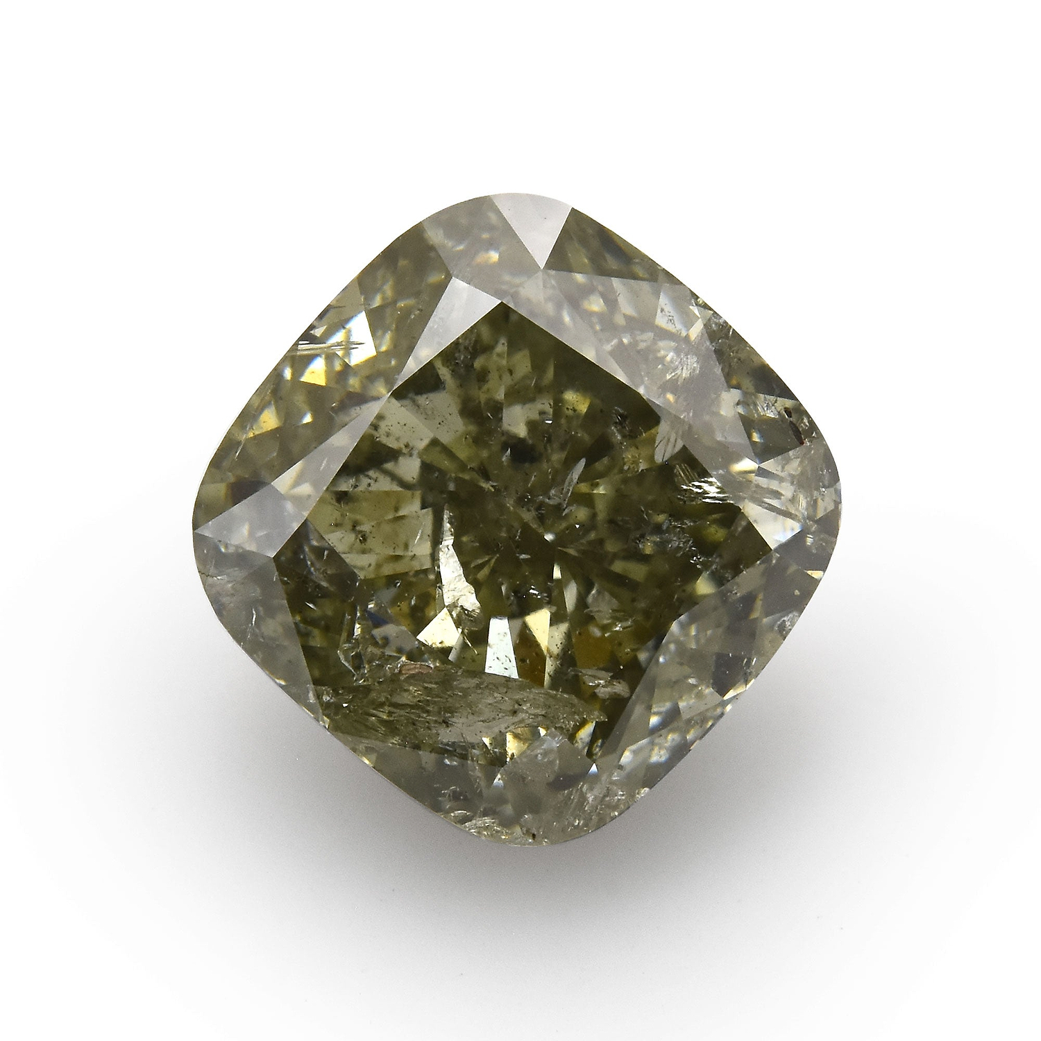 3.55 Carat Fancy Deep Gray Yellowish Green Cushion Diamond (I2) GIA