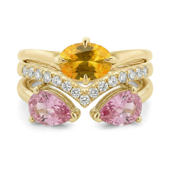 Yellow  Sapphire, Pink  Sapphire, and Diamond Trio Stack Rings