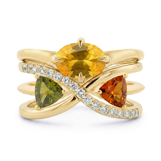 Yellow Oval Sapphire, Green and Orange Triangle Tourmaline and Diamond Crossover Rings