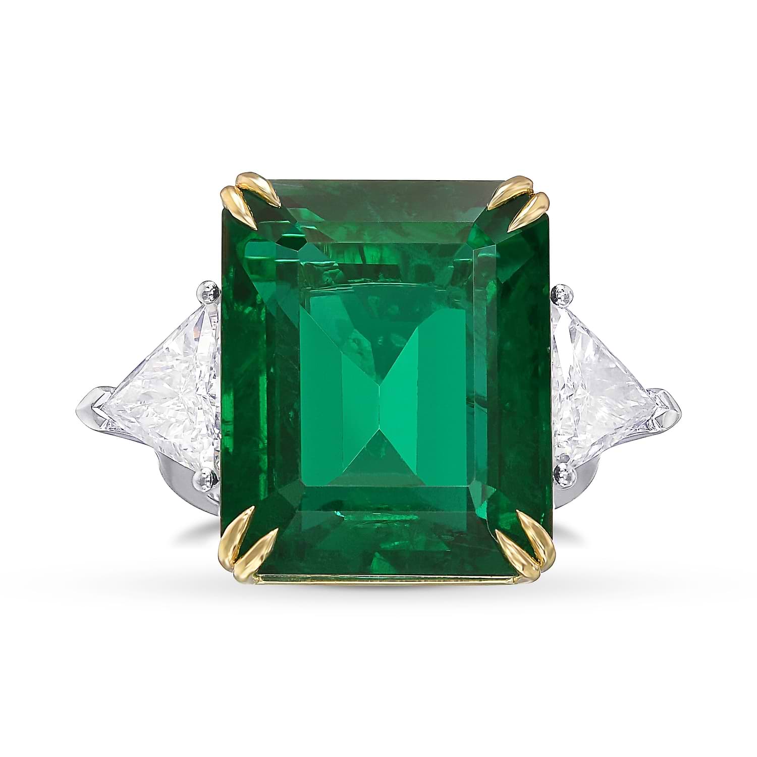 Vivid Green Octagon Emerald and Diamond Three-stone Ring