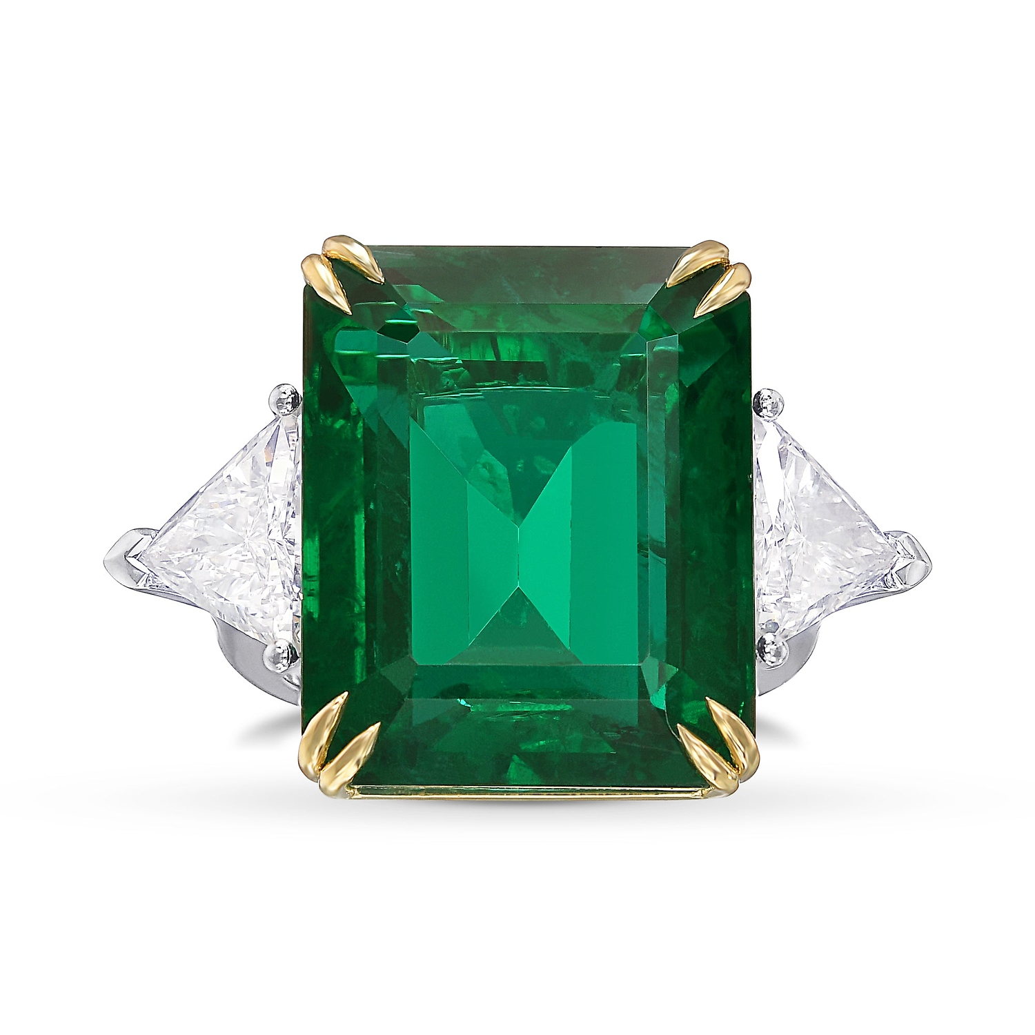 Vivid Green Octagon Emerald and Diamond Three-stone Ring