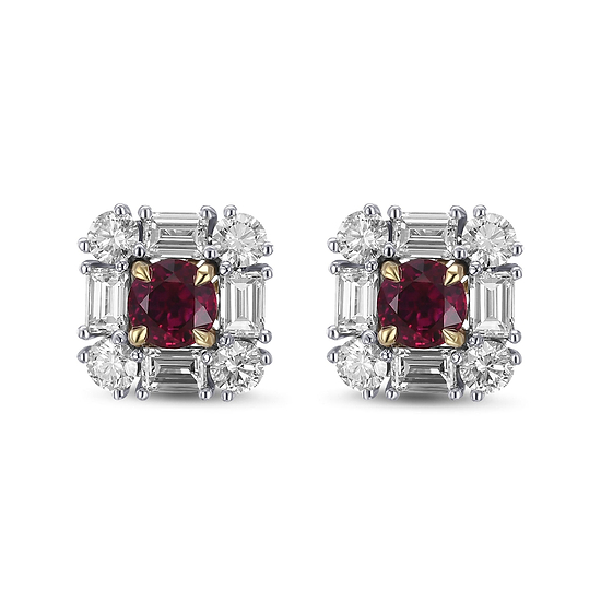 Extraordinary Round Red Ruby and Diamond Halo Stud Earrings