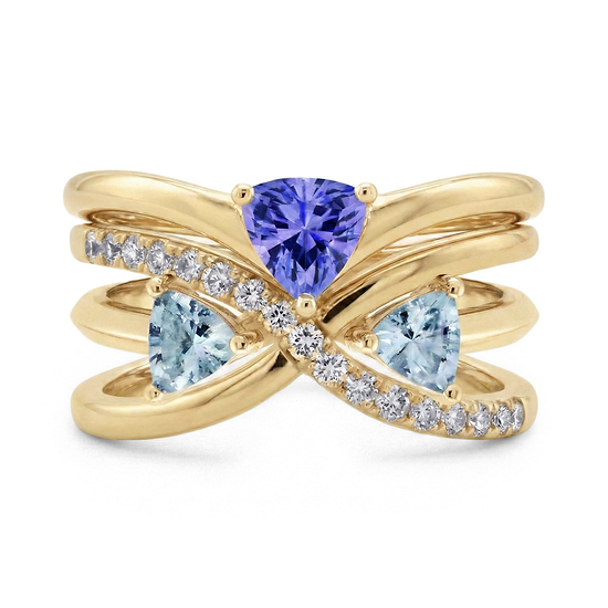 Violet Trillion Tanzanite, Aquamarine, and Diamond Crossover Rings