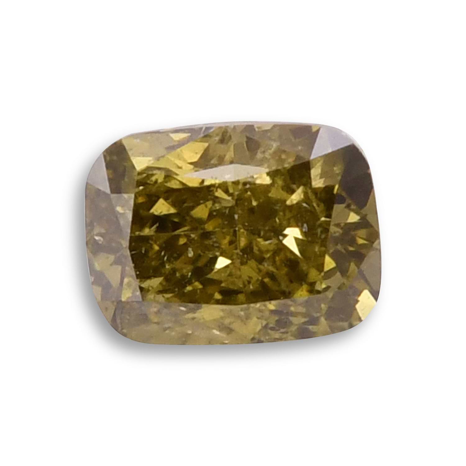 0.69 Carat Fancy Deep Brownish Greenish Yellow Cushion Diamond (I2) GIA
