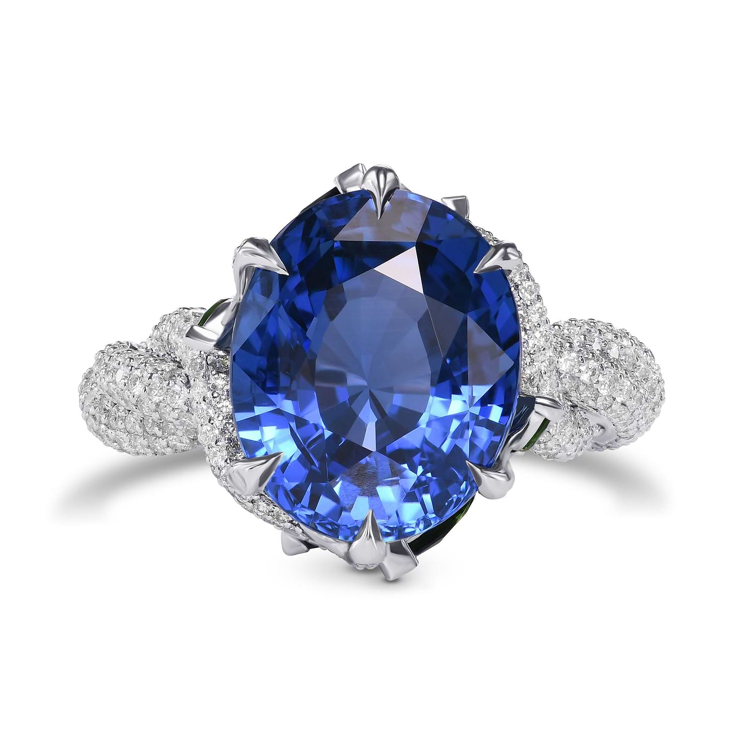 Extraordinary No Heat Oval Sapphire and Diamond Side Stone Ring