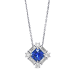 Cushion Blue Sapphire and Baguette Diamond Halo Pendant