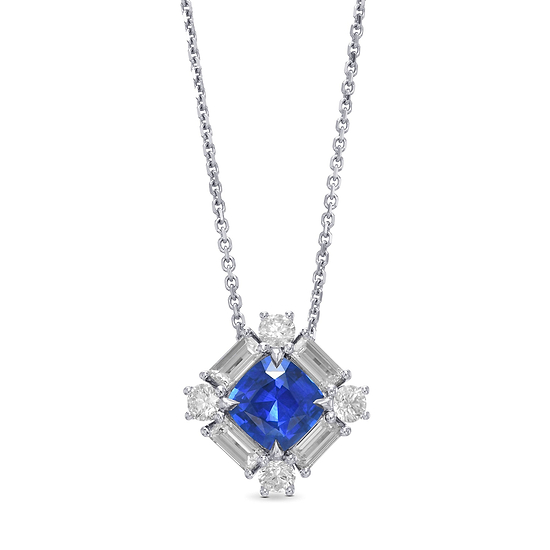 Cushion Blue Sapphire and Baguette Diamond Halo Pendant