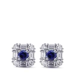 Blue Round Sapphire & Diamond Halo Stud Earrings