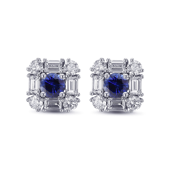 Blue Round Sapphire & Diamond Halo Stud Earrings