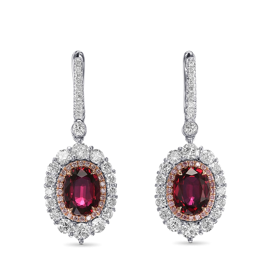 Oval Mozambique Ruby and Diamond Double Halo Earrings