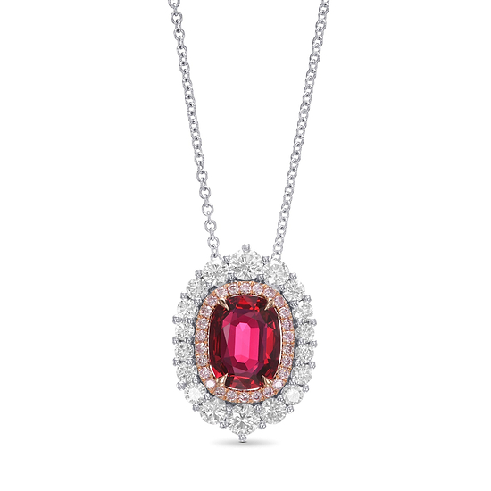 Oval Pigeon Blood Ruby and Diamond Double Halo Pendant