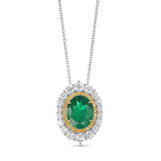 Muzo Oval Emerald and Diamond Double Halo Pendant.