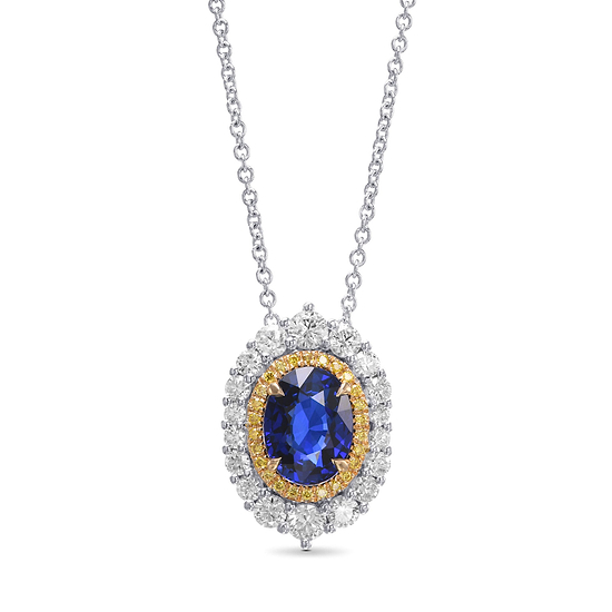 Royal Blue Oval Sapphire and Diamond Double Halo Pendant