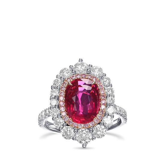 Cushion Mozambique Ruby and Diamond Double Halo Ring