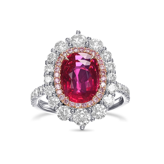 Cushion Mozambique Ruby and Diamond Double Halo Ring